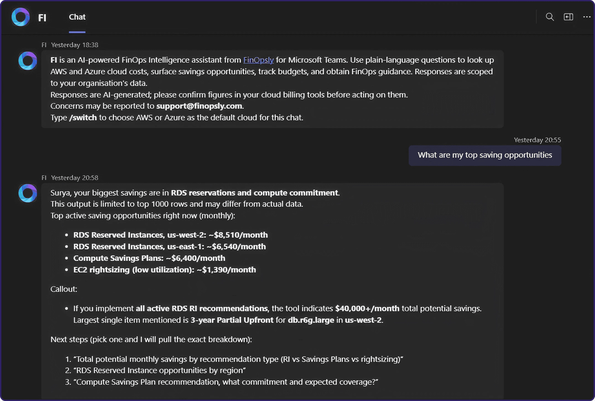 FI - Cloud cost intelligence in Microsoft Teams